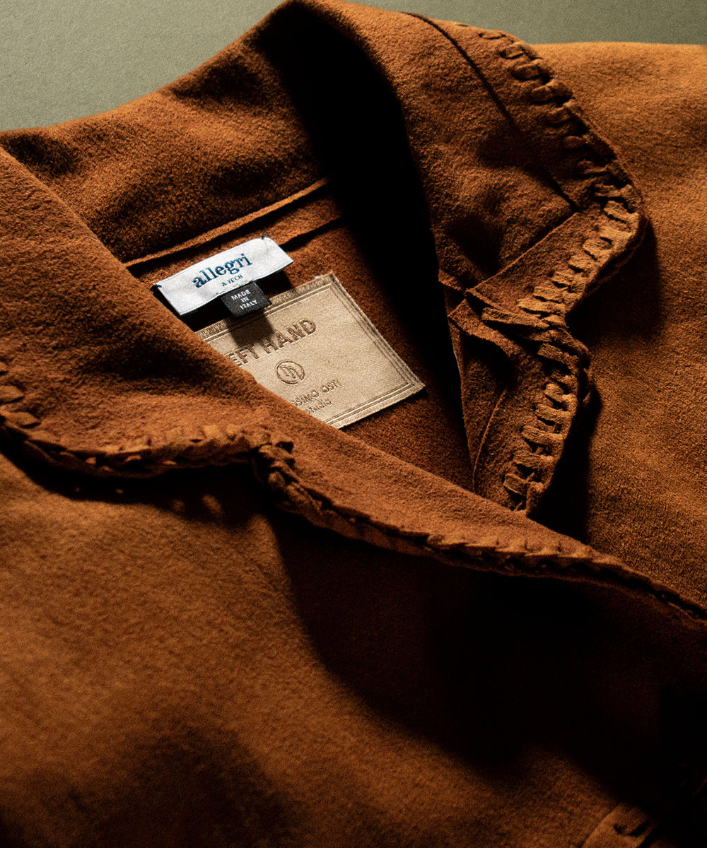 Brown fabric with a brand label on a Left Hand Micro Jacket
