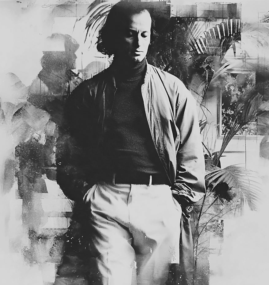 Black and white portrait of Massimo Osti with a textured abstract background