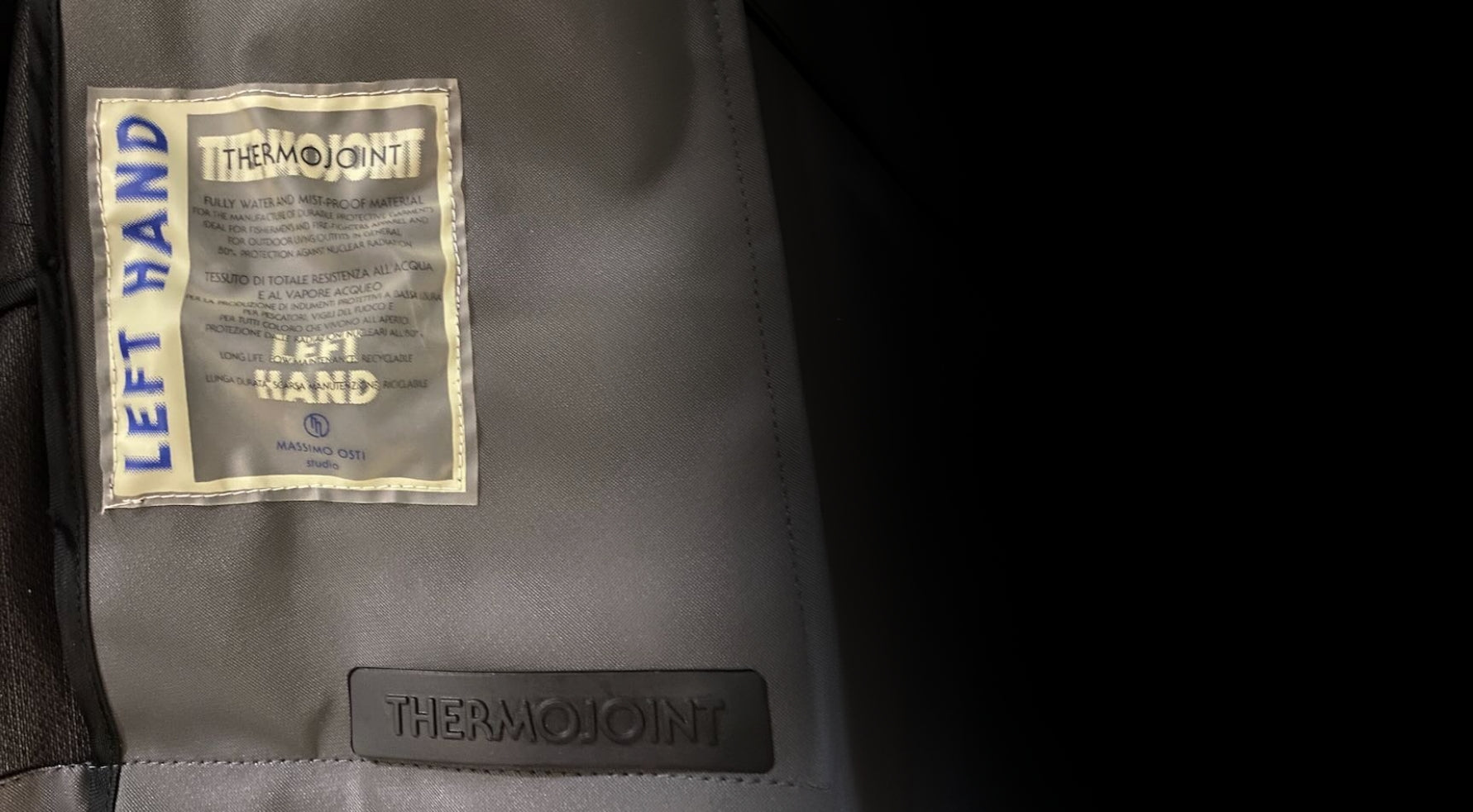 Gray Left Hand jacket with Thermojoint labels on a dark background