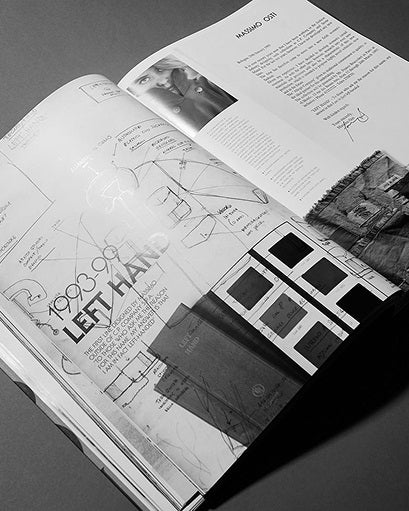 Open book featuring Left Hand designs from 1993, with sketches, 
