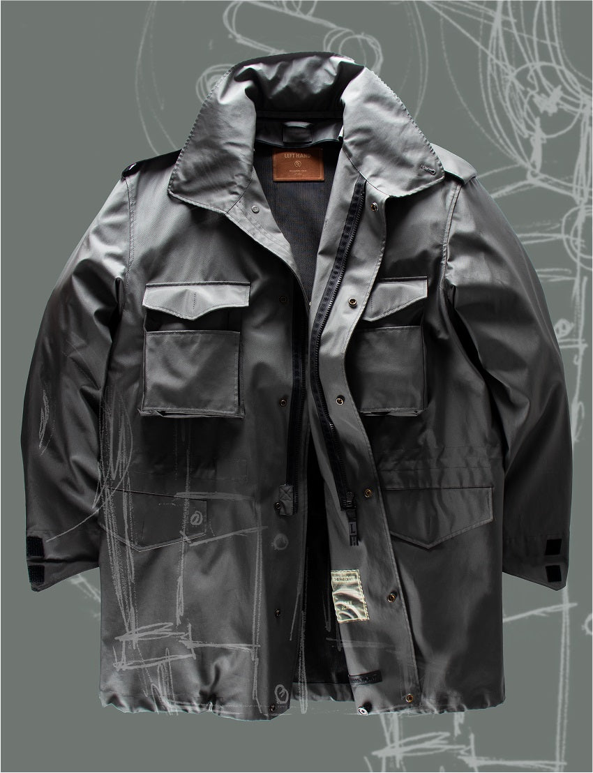 Left Hand Thermojoint Jacket: gray waterproof field jacket with collar, flap pockets, brown "LEFT HAND" tag, on sketch backdrop.